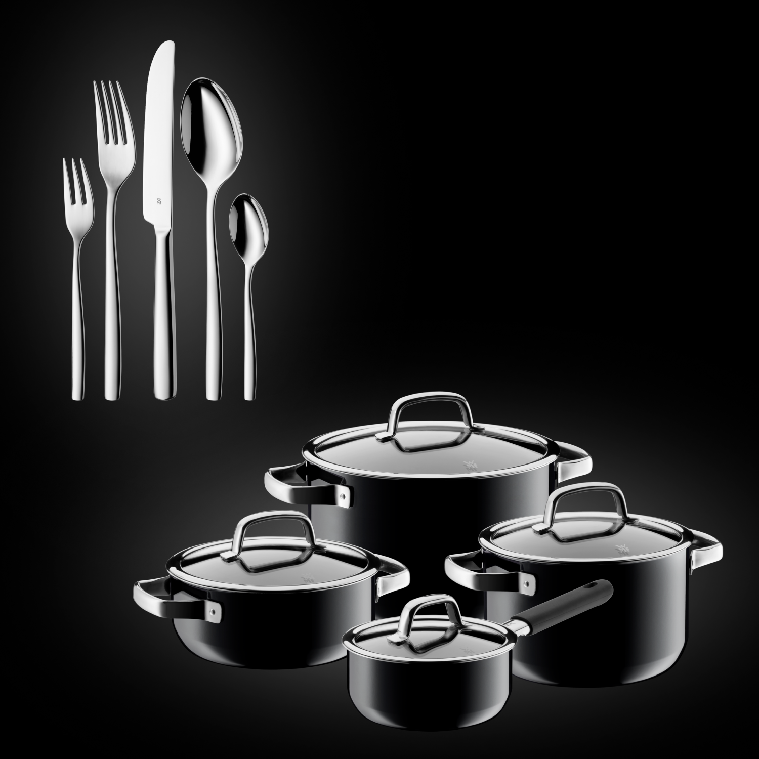 Набор посуды WMF Fusiontec Black 4 предмета + Набор столовых приборов Palma фото